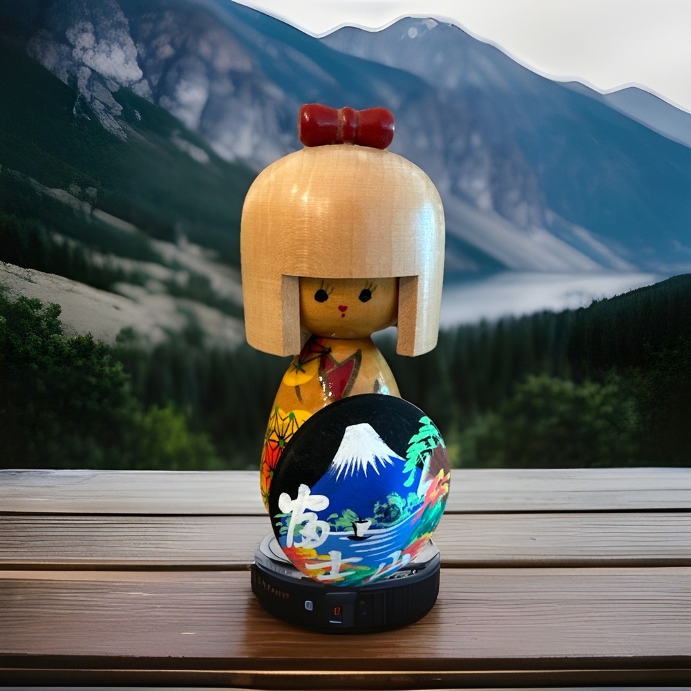 Vintage Style Mt. Fuji Kokeshi Doll With Integrated‎ Hand-painted Disc